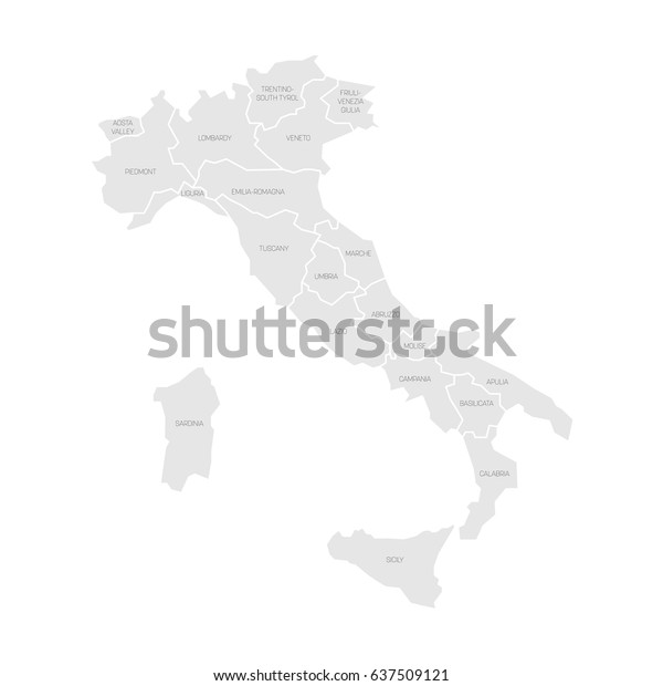 Map of Italy divided into 20 administrative\
regions. Grey land, white borders and black labels. Simple flat\
vector illustration.