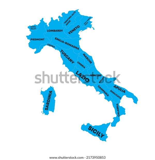 Map of Italy divided in regions with names.\
Isolated on white\
background.