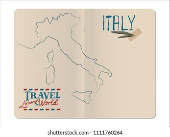 Map of Italy drawn by hand in an open stapled travel notebook and olive leaves with masking tape