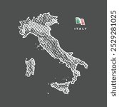 Map of Italy in engraved style. Black background. Hand drawn engraving style illustrations. Etched vector illustration.