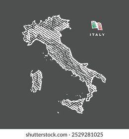 Map of Italy in engraved style. Black background. Hand drawn engraving style illustrations. Etched vector illustration.