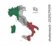 Map of Italy in engraved style. Colored engraving. Hand drawn engraving style illustrations. Etched vector illustration.