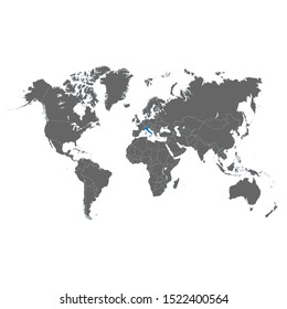 The map of  Italy is highlighted in blue on the world map