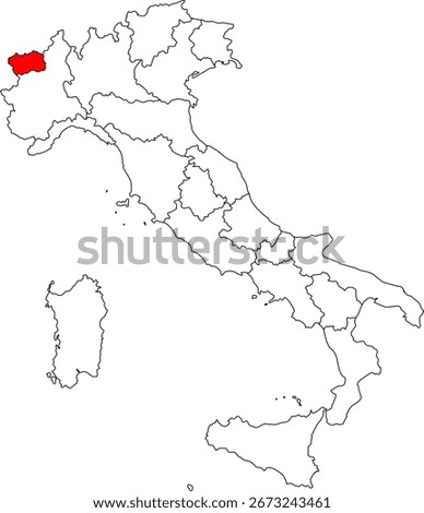 Map of Italy highlighting the autonomous Aosta Valley region. Perfect for projects on the Alps, Mont Blanc, hiking, and its unique bilingual culture.	