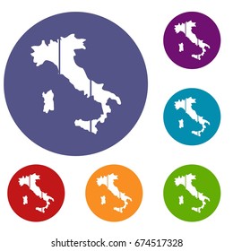 Map of Italy icons set in flat circle reb, blue and green color for web