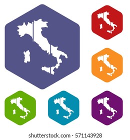 Map of Italy icons set rhombus in different colors isolated on white background