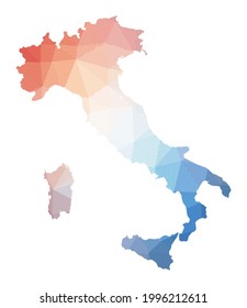 Map of Italy. Low poly illustration of the country. Geometric design with stripes. Technology, internet, network concept. Vector illustration.