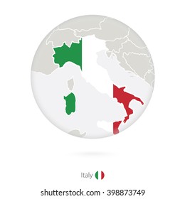 Map of Italy and national flag in a circle. Italy map contour with flag. Vector Illustration.