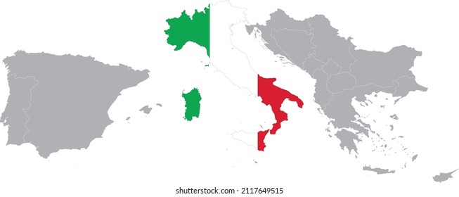 Map of Italy with national flag within the gray map of South Europe