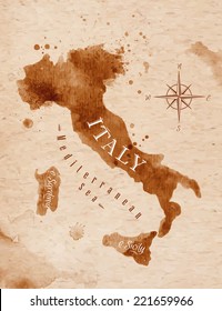 Map of Italy in old style, brown graphics in a retro style