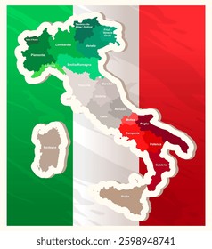 Map of Italy on the background of the flag of Italy. Decorative map of Italy in the interior.