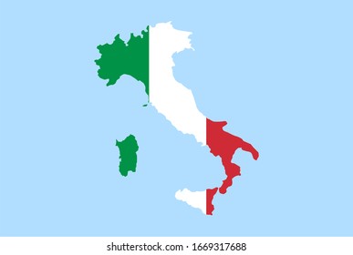 Map of Italy on a blue background, Flag of Italy on it.