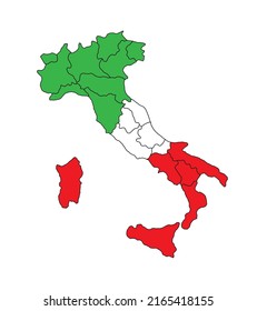 Mapa de Italia con fronteras regionales. Mapa político italiano de colores con fronteras administrativas regionales.