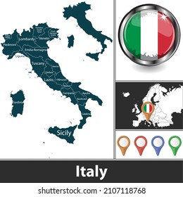 Map of Italy with regions and location on European map. Vector image