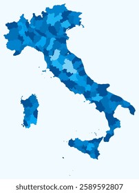 Map of Italy with regions. A simple country border map with region division. Light blue color palette. Plain Italy shape with administrative division. Vector illustration.