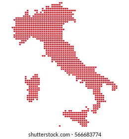 Map Of Italy. Silhouette of Italy is made of small red hearts. Original abstract vector illustration for your design.