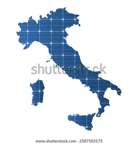 Map of Italy with Solar Panels Icon: Blue outline of Italy and Sardinia filled with solar panel pattern, symbolizing renewable energy and sustainability. Perfect for themes related to green energy.
