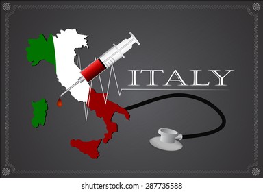 Map of Italy with Stethoscope and syringe.