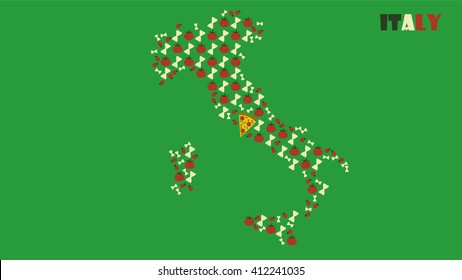 Map of Italy. Tomato and Pasta and Pizza.