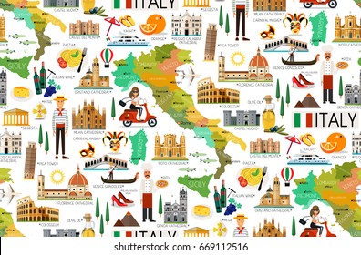 Map of Italy and Travel Icons.Italy Travel Seamless Pattern. Vector Illustration.