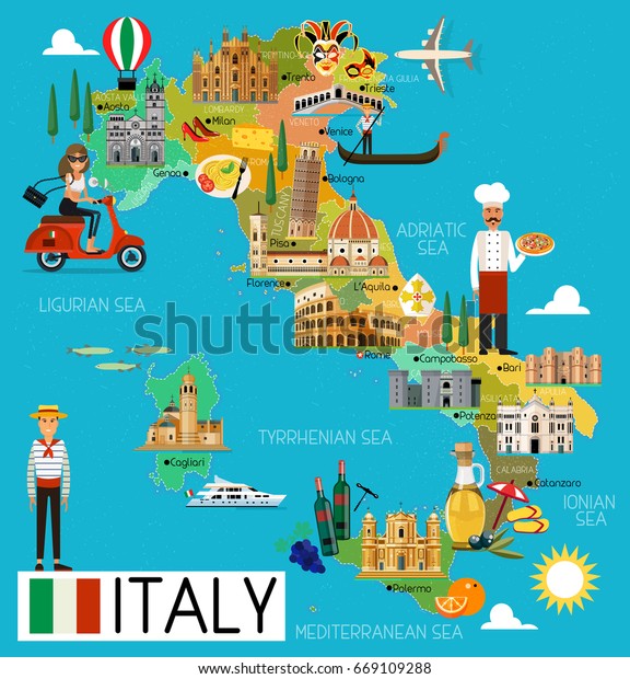イタリアと旅行アイコンの地図 イタリアの旅行地図 ベクターイラスト のベクター画像素材 ロイヤリティフリー