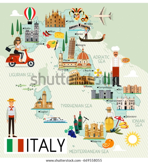 Mapa De Italia E Iconos De Viaje Ilustración Vectorial