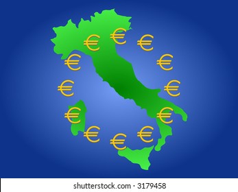 map of Italy and twelve golden euro symbols based on European union flag