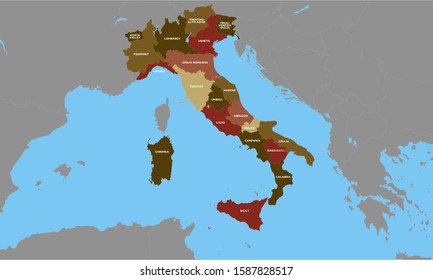 Map of Italy vector colorful, with countries, label, borders, sea, lake. High detailed, editable.