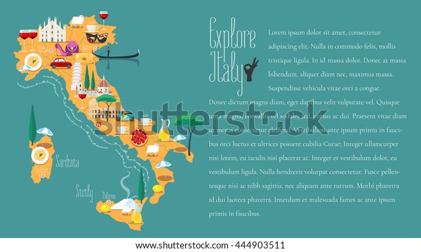 イタリアの地図のベクターイラスト デザイン ベネチア ミラノ イタリアのコロッセオのアイコン シチリア島とサルジニア島 イタリアのコンセプト画像を検索 のベクター画像素材 ロイヤリティフリー