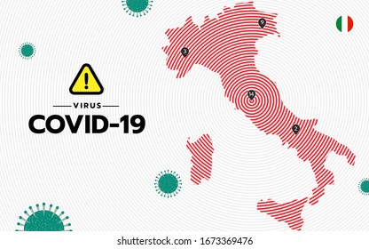 Map of Italy With a warning symbol And the number of coronavirus statistics 2019 on the map