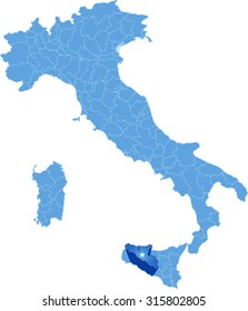 Map of Italy where Agrigento province is pulled out, isolated on white background