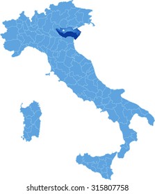 Map of Italy where Rovigo province is pulled out, isolated on white background
