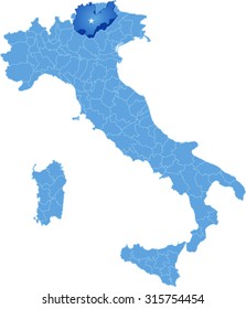 Map of Italy where Trento province is pulled out, isolated on white background
