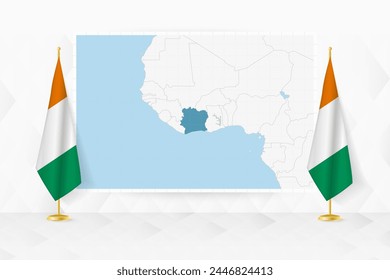 Map of Ivory Coast and flags of Ivory Coast on flag stand. Vector illustration for diplomacy meeting.