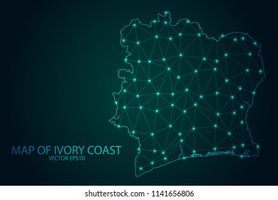 Map of Ivory Coast - With glowing point and lines scales on The Dark Gradient Background, 3D mesh polygonal network connections. Vector illustration eps10.