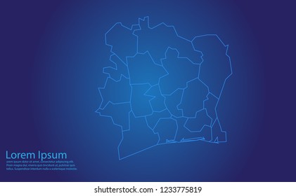 Map of ivory Coast - With glowing point and lines scales on the dark gradient background.french Polynesia map with country borders, thin Blue outline on Dark background.