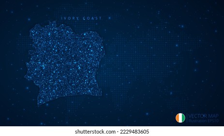 Map of Ivory Coast modern design with polygonal shapes on dark blue background. Business wireframe mesh spheres from flying debris. Blue structure style vector illustration concept.