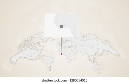 Map of Ivory Coast with neighbor countries pinned on world map. Abstract triangles World Map.