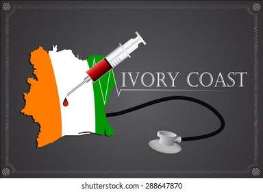 Map of Ivory coast with Stethoscope and syringe.