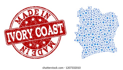 Map of Ivory Coast vector mosaic and Made In grunge stamp. Map of Ivory Coast formed with blue engine relations. Made in red seal with corroded rubber texture.
