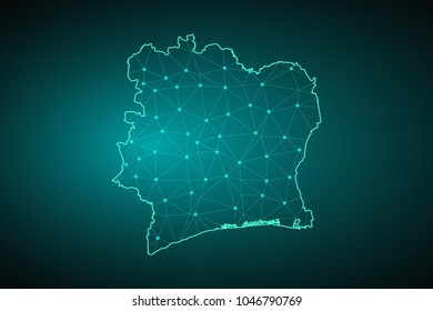 Map of Ivory Coast. Wire frame 3D mesh polygonal network line, design sphere, dot and structure. communications map of Ivory Coast. Vector Illustration EPS10.