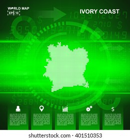 Map Of Ivory Coast,Abstract Green background, pixel vector illustration
