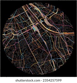 Karte von Ivry-sur-Seine, Val-de-Marne mit allen wichtigen und kleineren Straßen, Eisenbahnen und Wasserstraßen. Farbige Linienkunst auf schwarzem Hintergrund.