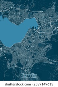 Map of Izmir, Turkey, showcasing the city's intricate street network and surrounding coastline.