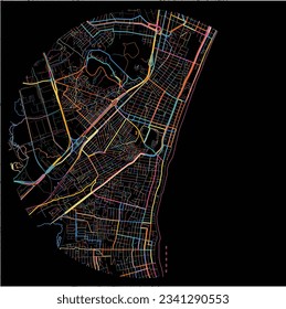 Map of JaboataodosGuararapes with all major and minor roads, railways and waterways. Colorful line art on black background.