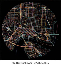 Map of Jacksonville, Florida with all major and minor roads, railways and waterways. Colorful line art on black background.