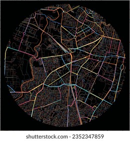 Map of Jaipur, Rajasthan with all major and minor roads, railways and waterways. Colorful line art on black background.