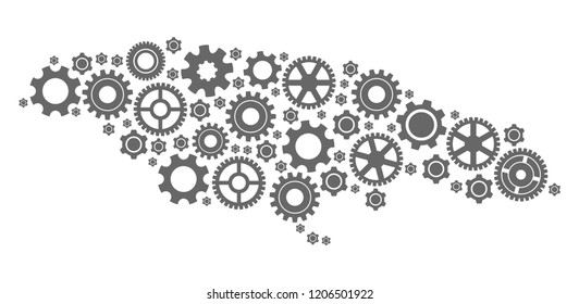 Map of Jamaica created with gray gear symbols. Vector abstract collage of map of Jamaica with work symbols. Engineering flat design for industry posters.