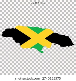 Map of Jamaica filled with its flag design, isolated on transparent background for geography, travel, and educational purposes.