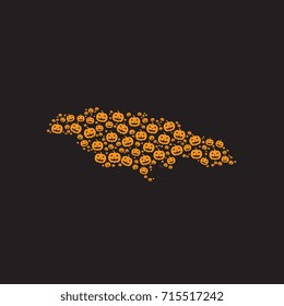 map of jamaica filled with halloween pumpkin heads of different sizes on a black background